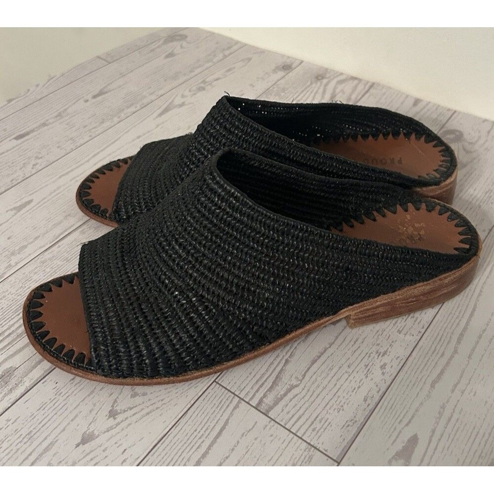Proud Mary Open Toe Handwoven Radfia And Leather Slides Black Size 38 Or 7 To 7.